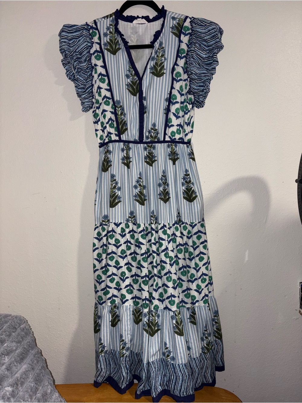THML Blue and White Floral Tiered Maxi Dress